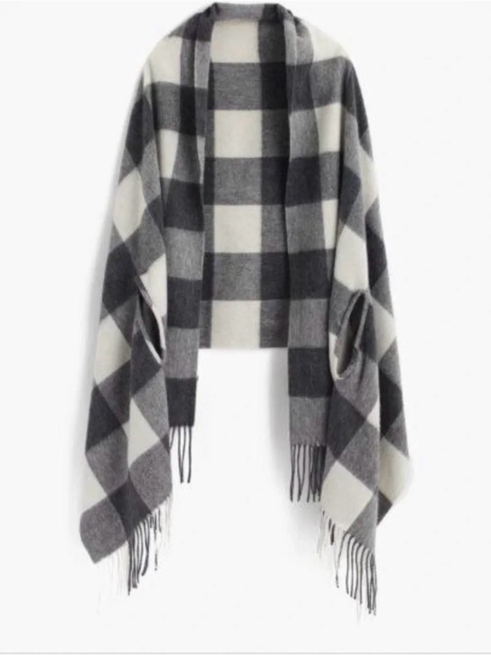 JCrew Cozy Plaid Fringe Shawl Wrap - Gray & Cream